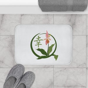 Orchid Happiness Kanji Bath Mat: Asian Inspired Microfiber Rug