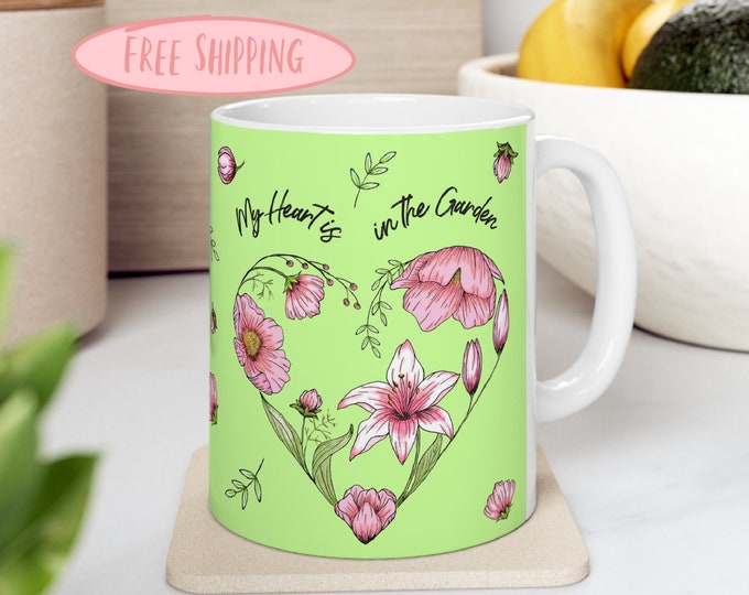Pastel Green Coffee Mug with Pink Flowers in the Shape of a Heart, Coffee Cup for Flower Lover, 11oz Mug with Heart and Flowers