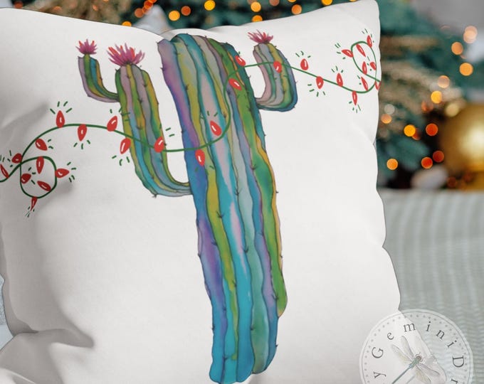 Saguaro Christmas Cactus Pillow Slip Cover, Desert Southwest Holiday Pillowcase