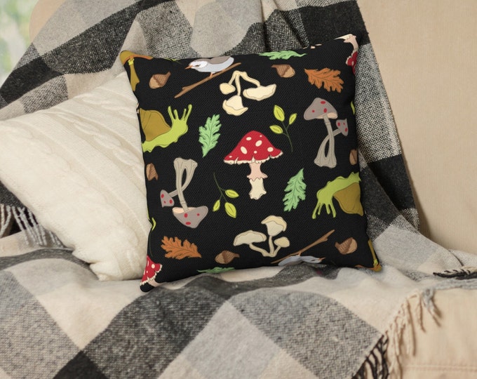 Suede Throw Pillow with Mushrooms, Birds and Snails in Faux Suede