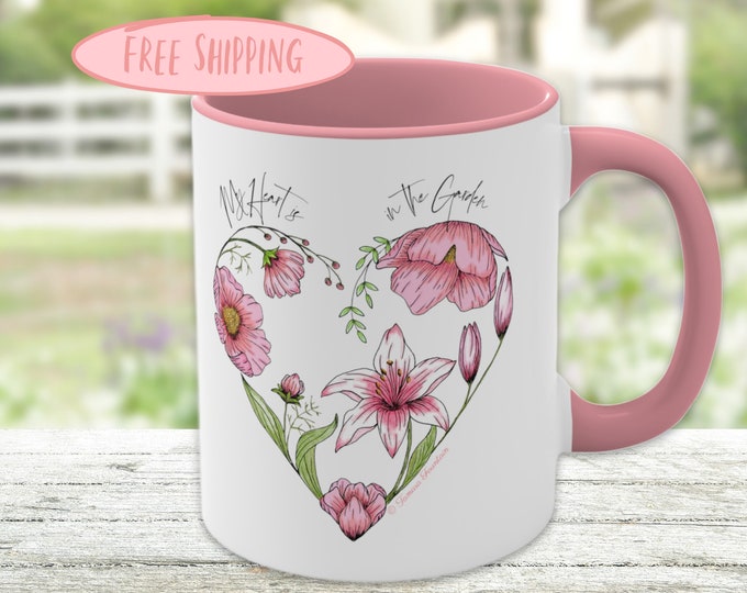 My Heart is in the Garden Pink Heart Coffee Mug, Flower Heart Coffee Cup for Gardener, Garden Lover Mug