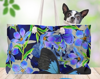 Butterfly Weekender Bag, Large Carryall Tote, Blue Shoulder Bag, Floral Travel Duffel, Weekend Getaway Overnight Bag