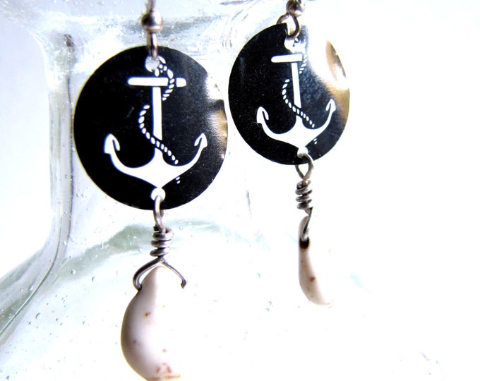 Black and White Anchor Earrings with Stone Teardrop Made with Recycled Soda Cans