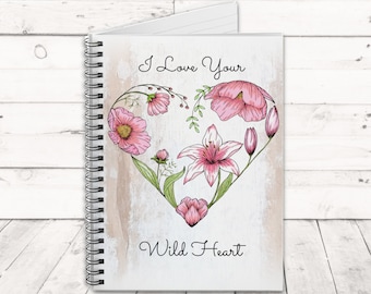 Pink Floral Spiral Journal for Wild Hearts, Flower Heart Lined Notebook