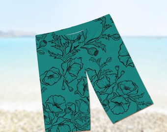 Turquoise Women's Stretch Shorts with All Over Poppy Print