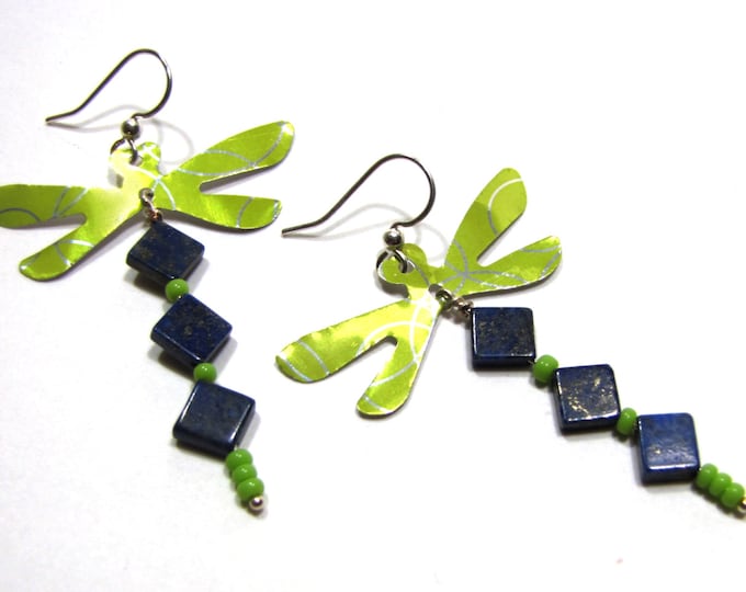 Dragonfly Earrings from Recycled Soda Can and Lapis Lazuli, Blue and Green