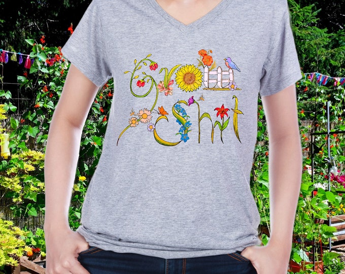 Grow Shit V-Neck T-Shirt, Gardener Tee in Four Colors, Funny Eco Shirt with Watercolor Lettering