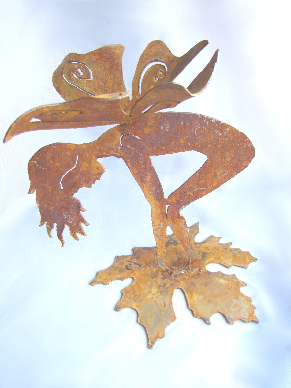 Rusty Garden Fairy on Leaf Bottoms Up Recycled Metal Garden Art Nursery