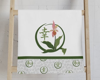 Orchid and Kanji Hand Towel in Gray, Large Hand Towel with Asian Inspired Design in Soft Colors
