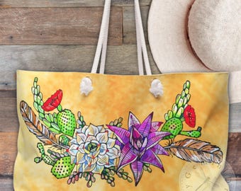 Cactus Succulent Weekender Bag with Southwest Vibe, Travel Tote, Overnight Carry-on, Boho Duffel, Large Handbag, Earthy Color Purse