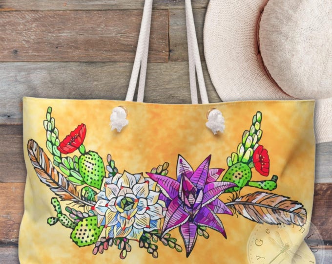 Cactus Succulent Weekender Bag with Southwest Vibe, Travel Tote, Overnight Carry-on, Boho Duffel, Large Handbag, Earthy Color Purse