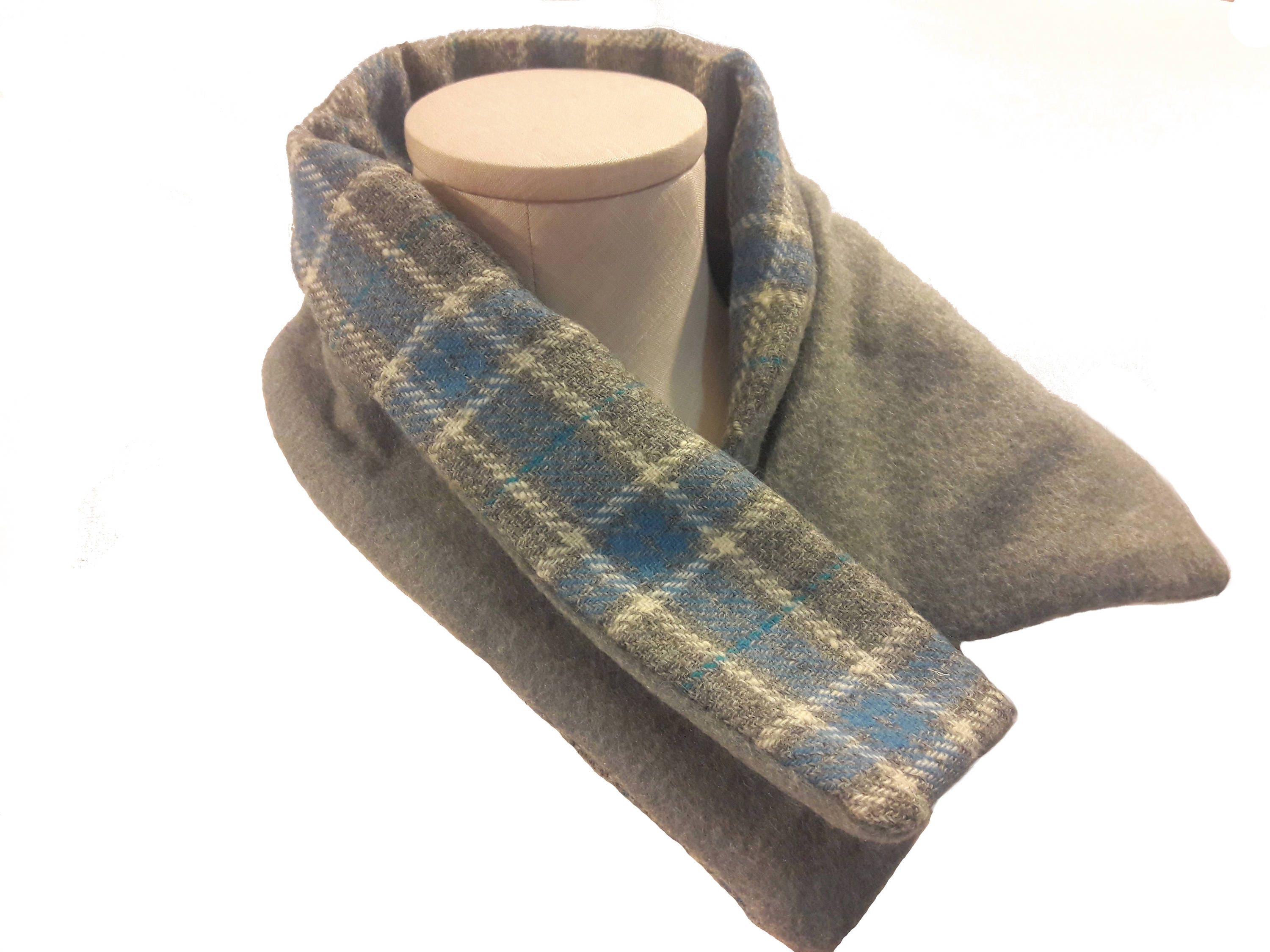 Neck Warmer Crossover Scarf in Gray and Blue Tartan Plaid Wool Fleece