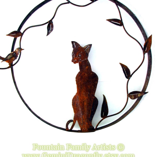 Rusty Metal Large Wreath with Siamese Cat, Bird and Leafy Vine  / Recycled Whisky Barrel Ring