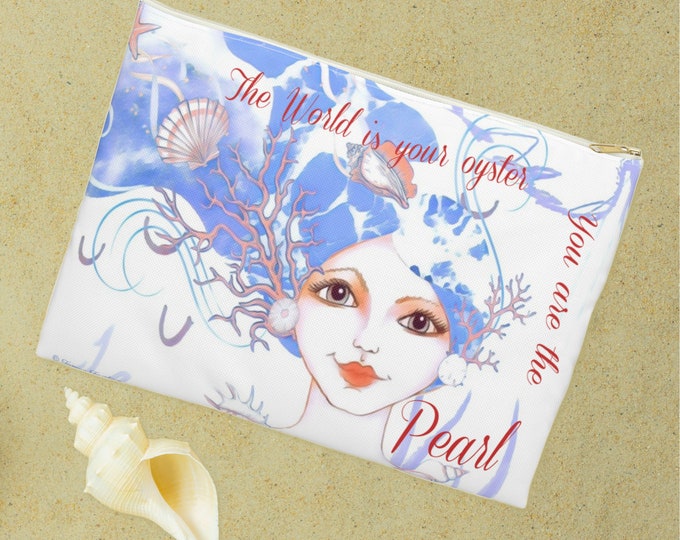 The World is Your Oyster Large Cosmetic Bag, Cute travel Pouch, Positive Message Makeup Bag or Pencil Pouch