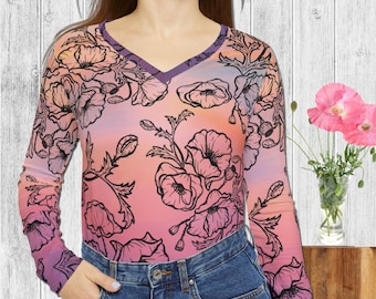 Floral Long Sleeve V-neck Shirt, Poppy Print Pastel Top
