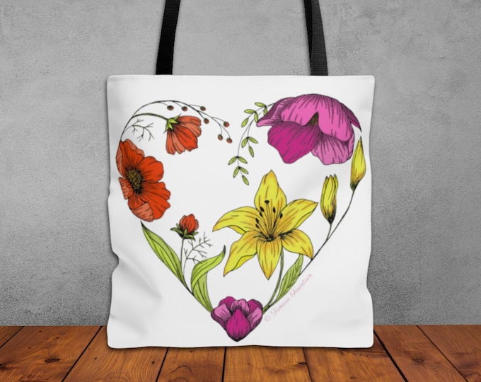 Floral Heart Tote Bag with Inspirational Quote on Back, Heart Book Bag, Flower Gardener Tote