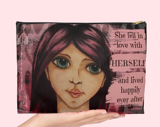 Large Travel Accessory Pouch,  Cosmetic Bag for Women Empowerment,  Strong Women Zipper Bag with Cute Print and Hearts