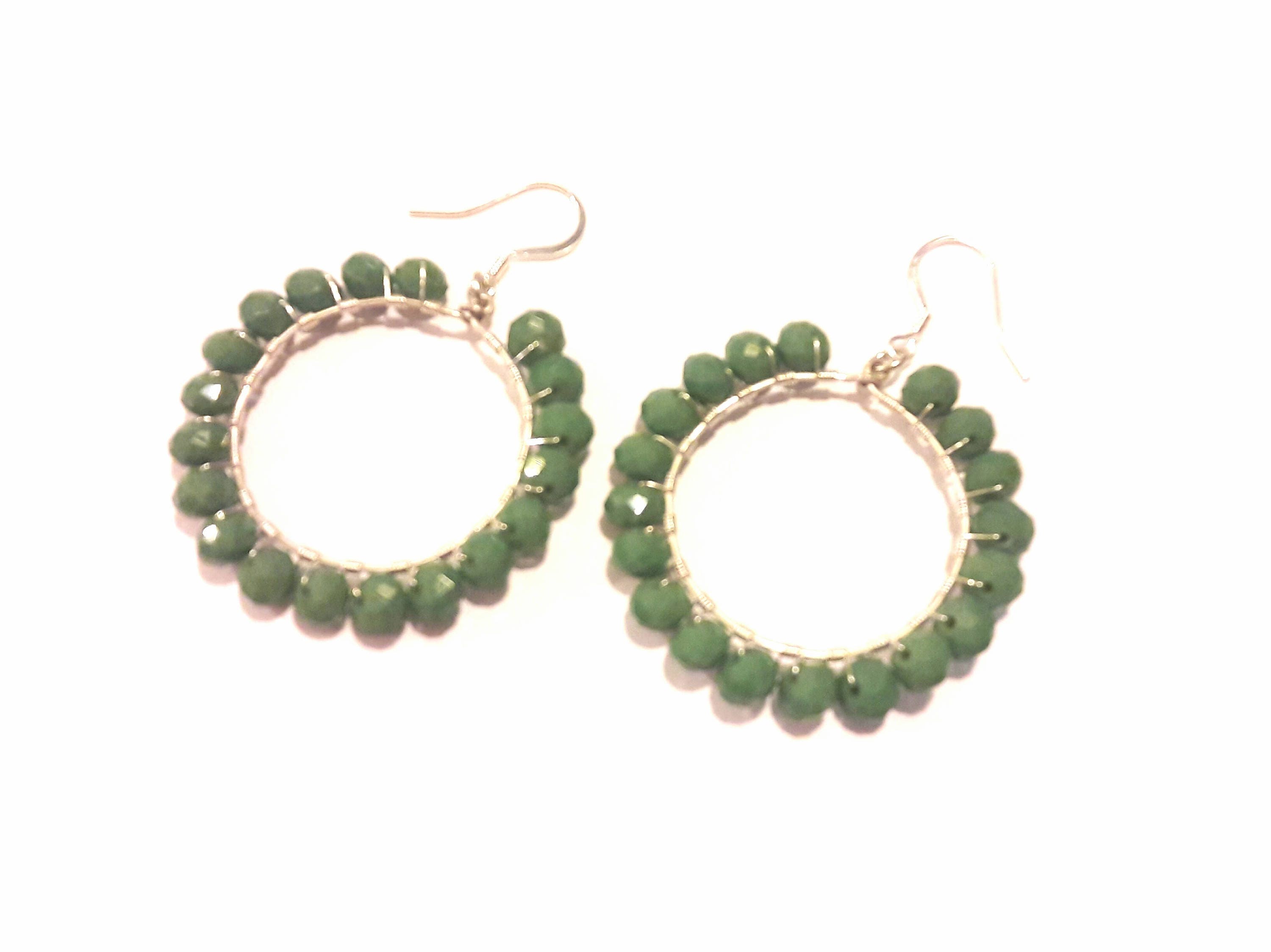 Sage Green Large Hoops Earrings, Handmade Silver Wire Wrapped Green ...
