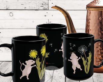 Large Black Coffee Mug, Cute Mice and Dandelion Seeds, Mouse Lover Gift, Animal Print Tea Cup, Nature Kitchen Decor, Unique