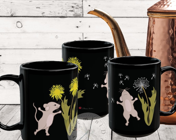 Large Black Coffee Mug, Cute Mice and Dandelion Seeds, Mouse Lover Gift, Animal Print Tea Cup, Nature Kitchen Decor, Unique
