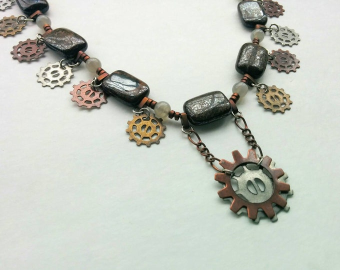 Steam punk Necklace of Mixed Metal Gears and Cogs with Brown Stone Beads