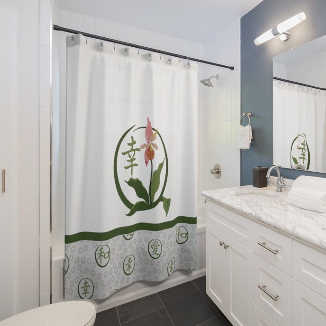 Light Gray Shower Curtain With Lady's Slipper Orchid and Happiness Kanji, Floral Shower Curtain