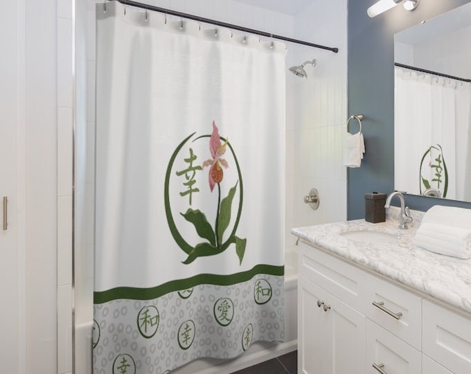 Light Gray Shower Curtain with Lady's Slipper Orchid and Happiness Kanji, Floral Shower Curtain with Love, Peace and Happiness Kanji