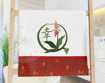 Kanji Hand Towel, Pink Orchid Guest Towel, Feng Shui Bathroom Decor, Happiness Love Peace Towel, Red Cotton Polyester Towel