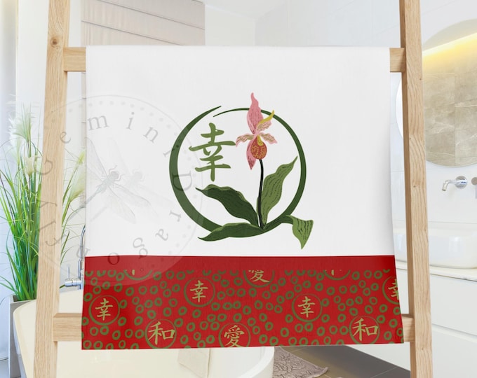 Kanji Hand Towel, Pink Orchid Guest Towel, Feng Shui Bathroom Decor, Happiness Love Peace Towel, Red Cotton Polyester Towel