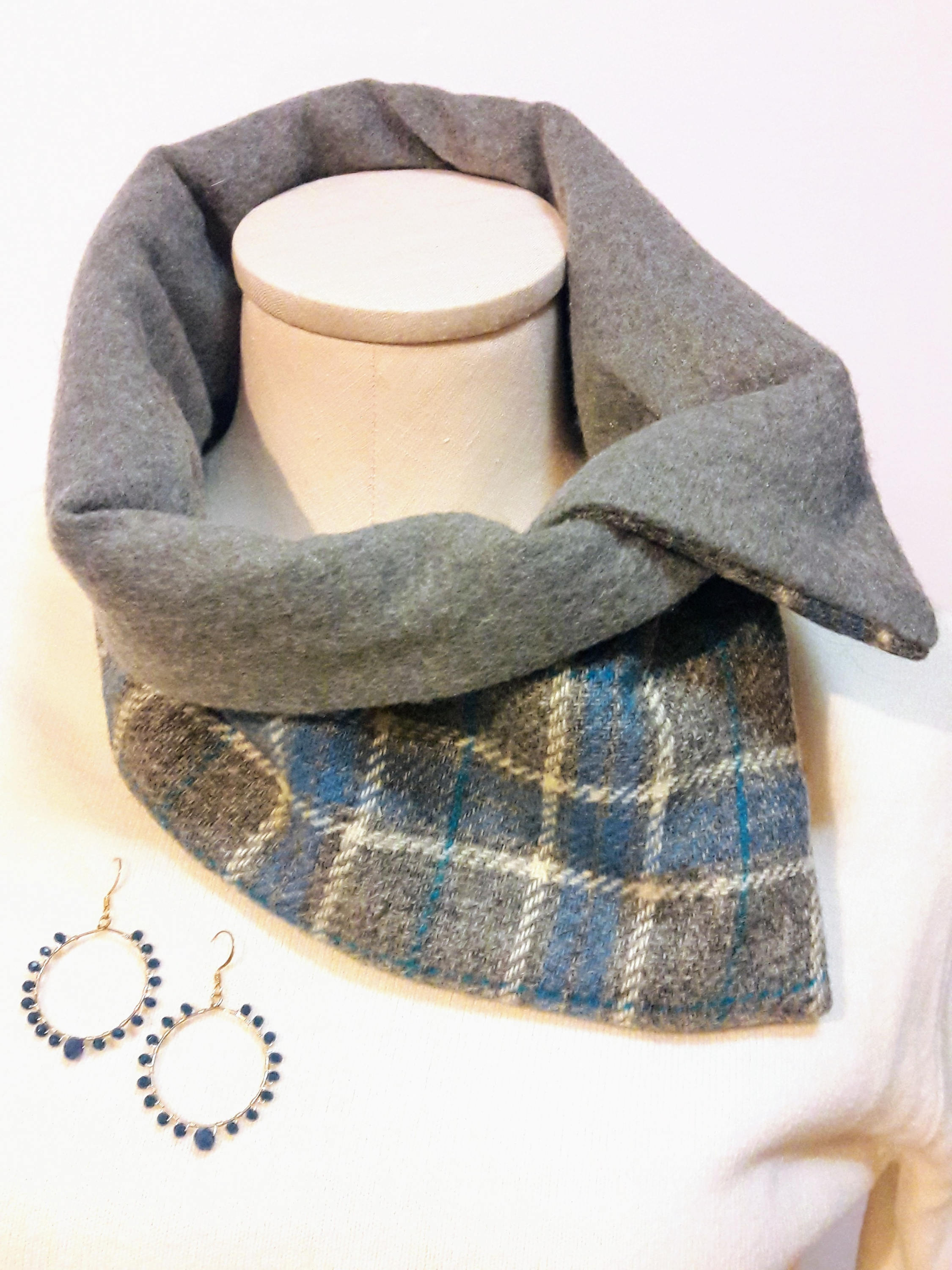 Neck Warmer Crossover Scarf in Gray and Blue Tartan Plaid Wool Fleece Lined, Men's Scarf, Unisex