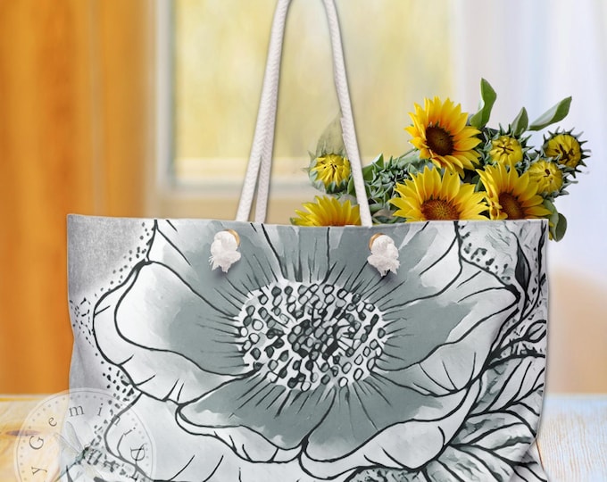 Wild Rose Print Weekender Bag, Black and White Floral Tote, Large Shoulder Bag, Summer Carry All Purse, Travel Duffle, Overnight Bag