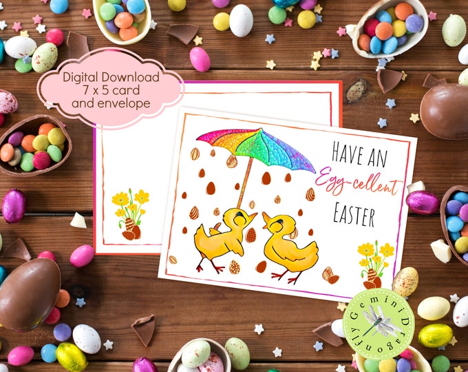 Printable Easter Card and Envelope Set | Instant Download 7 x 5 Ducklings Card and Envelope for Easter