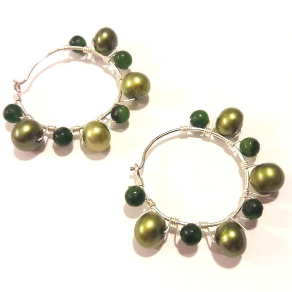 Green Pearl Hoop Earrings with Silver Wire Work, Handmade Jewelry, Sundance Style Earrings, Boho Earrings, Gypsy Style