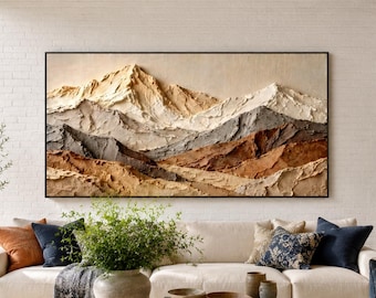 Pintura abstrata texturizada de paisagem, arte de parede neutra no estilo Wabi Sabi, tela de montanha em gesso pintada à mão, decoração moderna e orgânica para casa.
