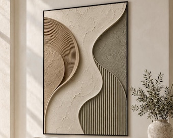 Arte de parede abstrata texturizada, pintura moderna orgânica neutra, tela com relevo escultural, decoração para casa em tons de bege estilo wabi sabi pintada à mão.