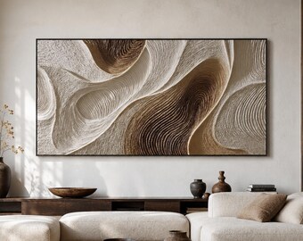 Pintura a óleo texturizada com linhas onduladas em 3D, pintada à mão em tons terrosos de branco e marrom escuro, decoração minimalista com espátula e técnica de impasto.