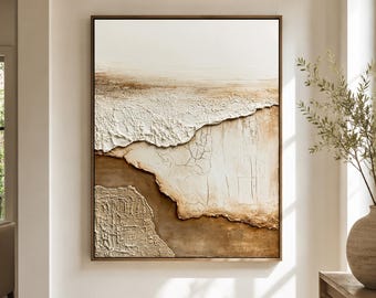 3D Large Textured Wabi Sabi Art, Japandi Cream & Warm Brown Neutral Abstract Canvas, Hand-Painted Living Room Bedroom Wall Art