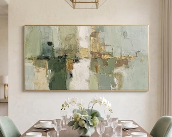 Arte de parede abstrata verde sálvia | Tela texturizada pintada à mão | Impasto neutro | Arte de parede em tons dourados | Decoração minimalista grande para sala de estar
