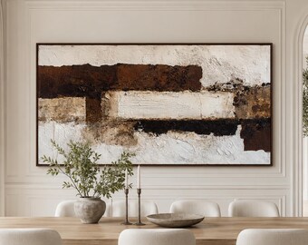 Pintura abstrata texturizada, arte de parede em tons neutros de marrom, tela geométrica em tons terrosos, arte de parede horizontal grande em estilo wabi-sabi orgânico moderno.