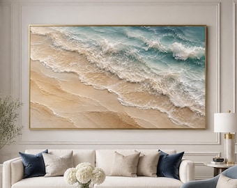 Arte de parede com tema oceânico, pintura a óleo de praia feita à mão, paisagem costeira texturizada, arte de ondas em tons de azul turquesa, decoração de parede costeira de grandes dimensões.