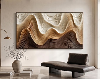 Arte de parede texturizada 3D Wabi Sabi | Pintura abstrata pintada à mão | Onda neutra em tons terrosos | Decoração horizontal minimalista e moderna para sala de estar