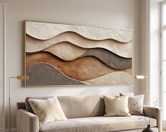 Arte de parede com textura 3D de ondas | Pintura abstrata grande em tons de bege e marrom | Arte em tela neutra estilo Wabi Sabi | Decoração de parede moderna em tons terrosos