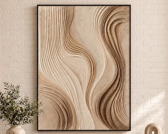 Arte mural de textura neutra, pintura abstracta 3D en color beige, lienzo con técnica impasto pintado a mano, decoración Wabi Sabi, arte moderno y orgánico para sala de estar.