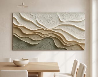 Arte de parede texturizada de grandes dimensões, tela abstrata com ondas em tons neutros de bege e verde sálvia, pintura minimalista Wabi Sabi, obra de arte moderna original.