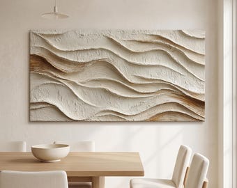 Arte de parede abstrata com textura de ondas | Pintura Wabi Sabi em tons neutros de bege | Tela minimalista pintada à mão | Decoração horizontal grande em tons terrosos
