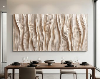 Arte de parede texturizada em 3D | Abstrato branco creme pintado à mão | Arte de ondas Wabi Sabi | Decoração minimalista e moderna para sala de estar