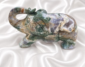 Elefante in diaspro oceanico con tasca druzy, elefante di cristallo intagliato a mano, regalo decorativo portafortuna a forma di elefante, proboscide alzata, diaspro marino, grandi dimensioni