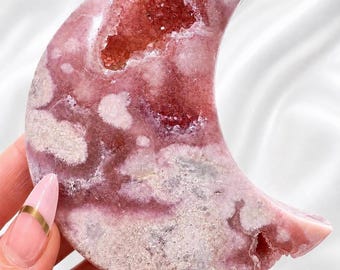 Tallado de luna creciente de amatista rosa, bolsillo de drusa, luna de ágata y amatista con forma de flor, luna de amatista rosa drusa, decoración de cristal para el hogar, tamaño grande