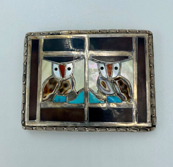 Vintage Signed Zuni Two Owl Silver Belt Buckle Na… - image 7