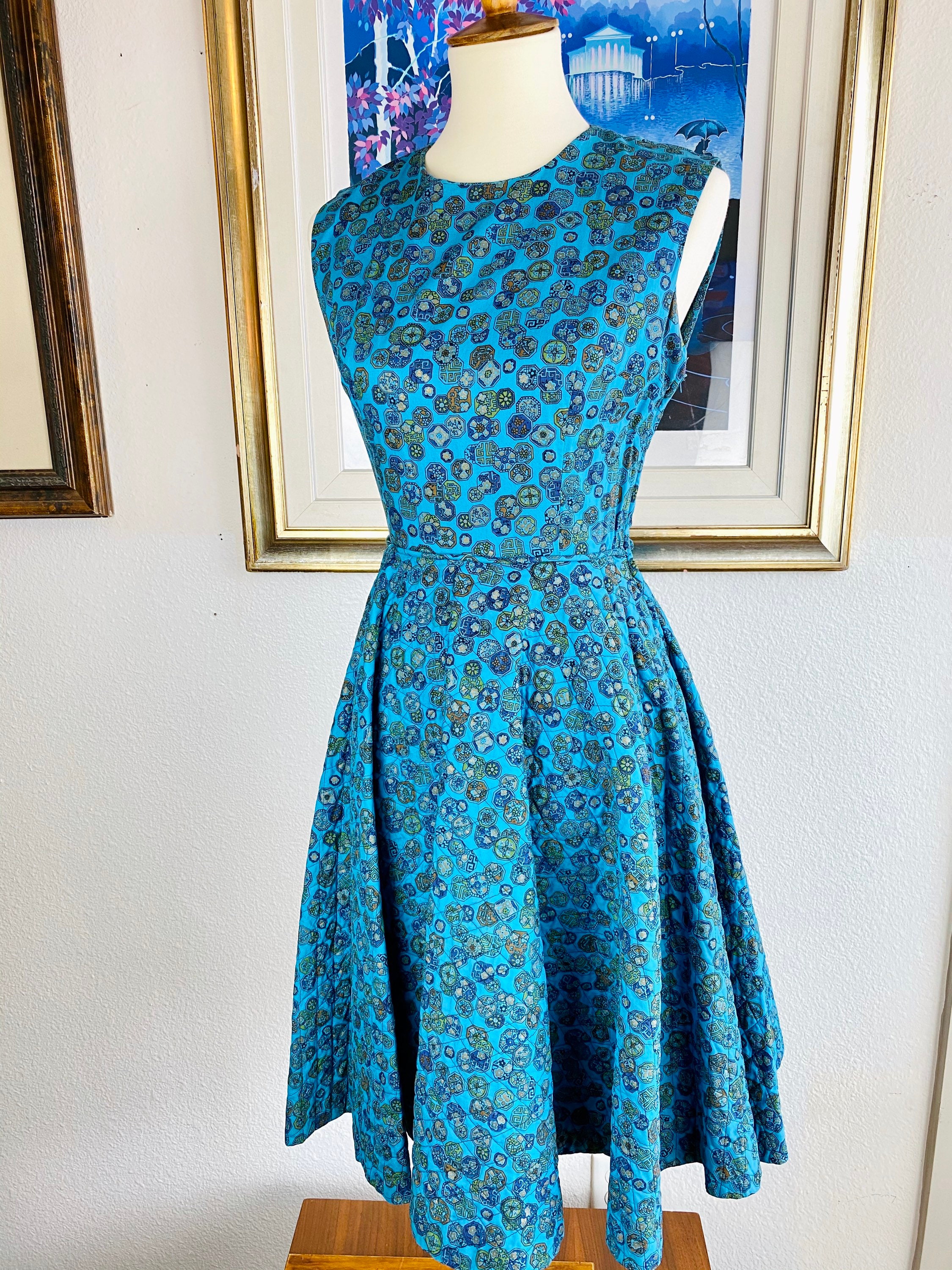 1950s Sleeveless Blue Vintage Fit & Flare Dress with Gold and | Etsy
